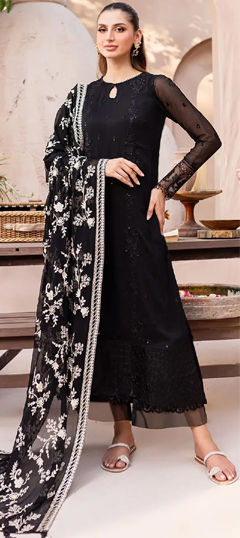 Black and Grey color Salwar Kameez in Georgette fabric with Embroidered, Stone, Thread, Zari work