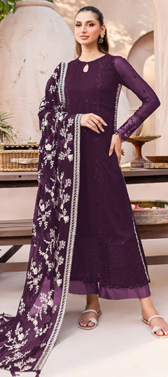 Purple and Violet color Salwar Kameez in Georgette fabric with Embroidered, Stone, Thread, Zari work