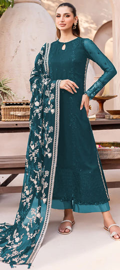 Green color Salwar Kameez in Georgette fabric with Embroidered, Stone, Thread, Zari work