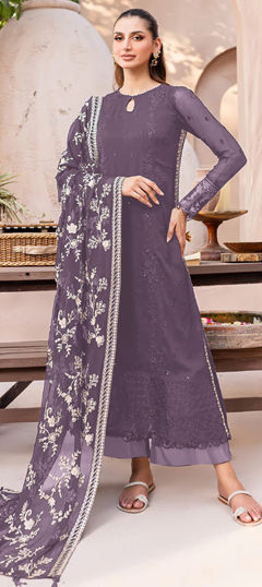 Purple and Violet color Salwar Kameez in Georgette fabric with Embroidered, Stone, Thread, Zari work