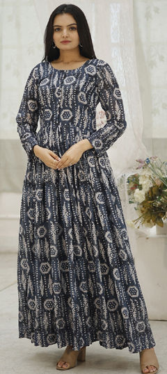 Black and Grey color Gown in Faux Georgette fabric with Digital Print, Embroidered, Sequence, Thread work