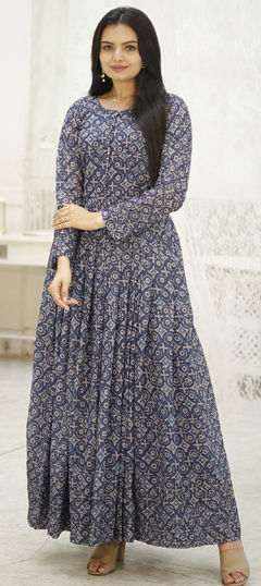 Blue color Gown in Faux Georgette fabric with Digital Print, Embroidered, Sequence, Thread work