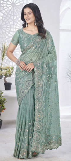 Black and Grey color Saree in Tissue fabric with Embroidered, Sequence, Thread work