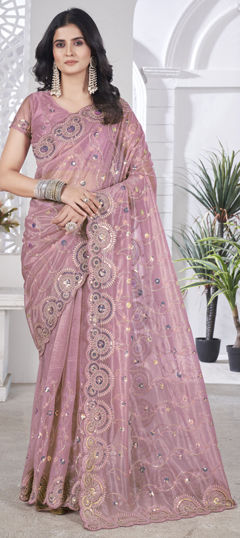 Pink and Majenta color Saree in Tissue fabric with Embroidered, Sequence, Thread work