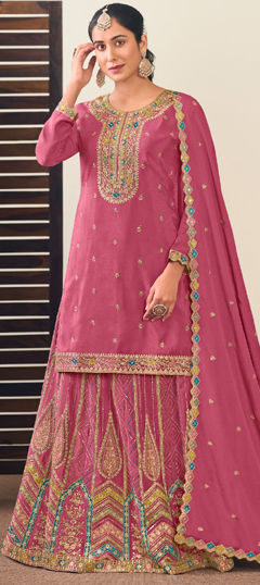 Pink and Majenta color Long Lehenga Choli in Silk fabric with Embroidered, Resham, Sequence, Thread, Zari work