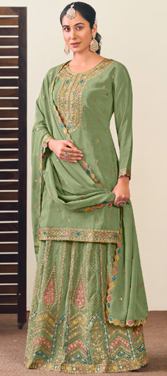 Green color Long Lehenga Choli in Silk fabric with Embroidered, Resham, Sequence, Thread, Zari work