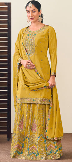 Yellow color Long Lehenga Choli in Silk fabric with Embroidered, Resham, Sequence, Thread, Zari work