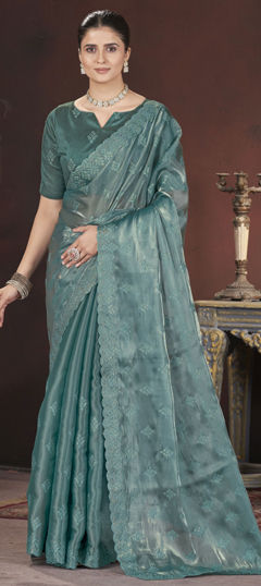 Blue color Saree in Organza Silk fabric with Embroidered, Sequence, Thread work