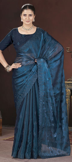 Blue color Saree in Organza Silk fabric with Embroidered, Sequence, Thread work