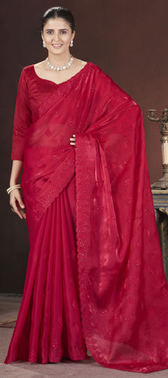 Red and Maroon color Saree in Organza Silk fabric with Embroidered, Sequence, Thread work