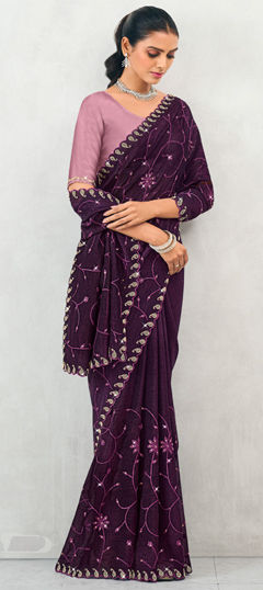 Purple and Violet color Saree in Silk fabric with Embroidered, Resham, Sequence, Stone, Thread work