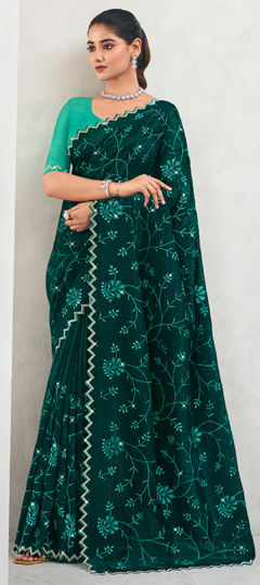 Green color Saree in Silk fabric with Embroidered, Resham, Sequence, Stone, Thread work