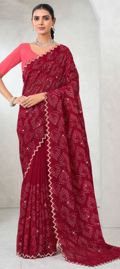 Red and Maroon color Saree in Silk fabric with Embroidered, Resham, Sequence, Stone, Thread work