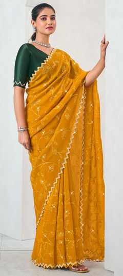 Yellow color Saree in Silk fabric with Embroidered, Resham, Sequence, Stone, Thread work