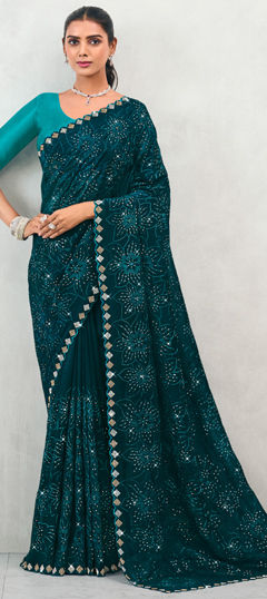 Blue color Saree in Silk fabric with Embroidered, Resham, Sequence, Stone, Thread work