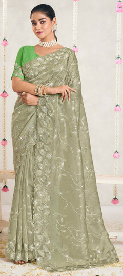 Green color Saree in Organza Silk fabric with Embroidered, Sequence, Thread work