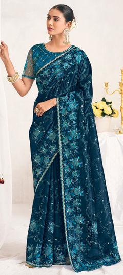 Blue color Saree in Silk fabric with Embroidered, Resham, Sequence, Stone, Thread work