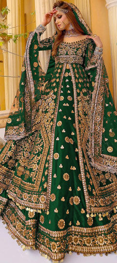 Green color Long Lehenga Choli in Velvet fabric with Embroidered, Sequence, Thread, Zari work