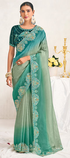 Blue color Saree in Silk fabric with Embroidered, Resham, Sequence, Stone, Thread work