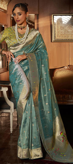 Blue color Saree in Tissue fabric with Sequence, Weaving, Zari work