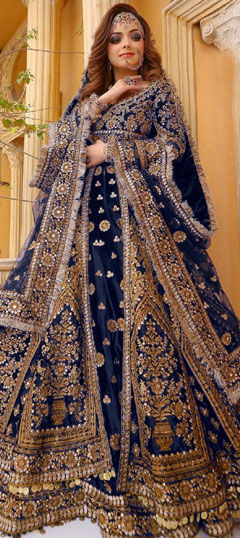 Blue color Long Lehenga Choli in Velvet fabric with Embroidered, Sequence, Thread, Zari work