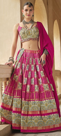 Pink and Majenta color Lehenga in Silk fabric with Bandhej, Printed, Sequence, Thread work