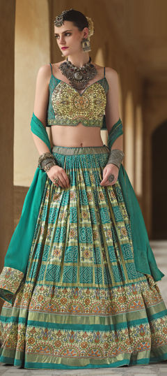 Blue color Lehenga in Silk fabric with Bandhej, Bugle Beads, Printed, Sequence, Thread work