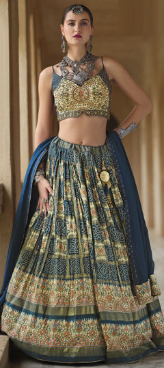 Blue color Lehenga in Silk fabric with Bandhej, Bugle Beads, Printed, Sequence, Thread work