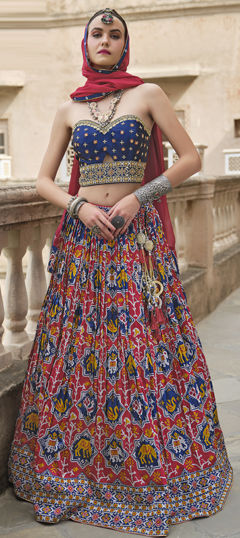 Blue, Red and Maroon color Lehenga in Silk fabric with Printed, Sequence, Thread work