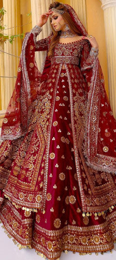 Red and Maroon color Long Lehenga Choli in Velvet fabric with Embroidered, Sequence, Thread, Zari work