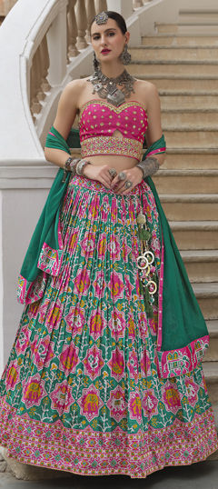 Green, Pink and Majenta color Lehenga in Silk fabric with Printed, Sequence, Thread work