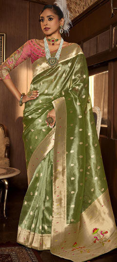 Green color Saree in Tissue fabric with Sequence, Weaving, Zari work