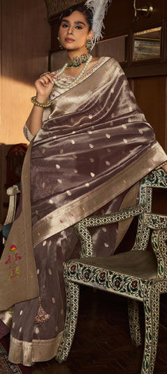 Beige and Brown color Saree in Tissue fabric with Sequence, Weaving, Zari work