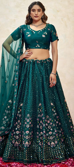 Green color Lehenga in Silk fabric with Embroidered, Resham, Sequence, Thread work