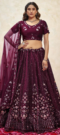 Red and Maroon color Lehenga in Silk fabric with Embroidered, Resham, Sequence, Thread work