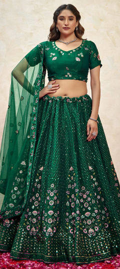 Green color Lehenga in Silk fabric with Embroidered, Resham, Sequence, Thread work