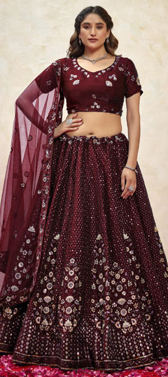 Red and Maroon color Lehenga in Silk fabric with Embroidered, Resham, Sequence, Thread work