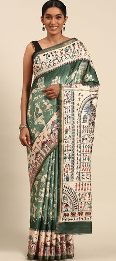 Beige and Brown, Green color Saree in Cotton fabric with Printed work