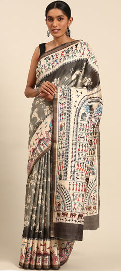 Beige and Brown, Black and Grey color Saree in Cotton fabric with Printed work