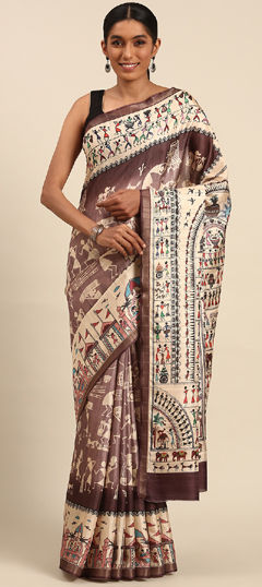 Beige and Brown color Saree in Cotton fabric with Printed work