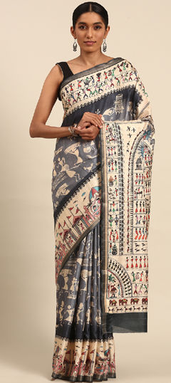 Beige and Brown, Black and Grey color Saree in Cotton fabric with Printed work