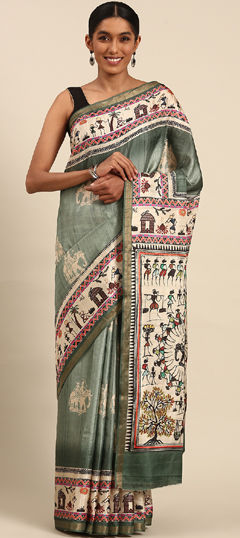 Beige and Brown, Green color Saree in Cotton fabric with Printed work