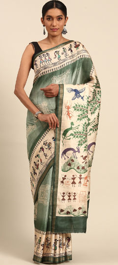 Beige and Brown, Green color Saree in Cotton fabric with Printed work