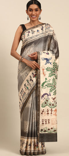 Beige and Brown, Black and Grey color Saree in Cotton fabric with Printed work