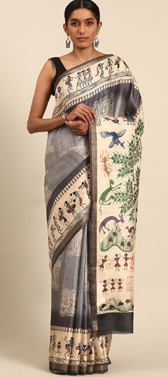 Beige and Brown, Black and Grey color Saree in Cotton fabric with Printed work