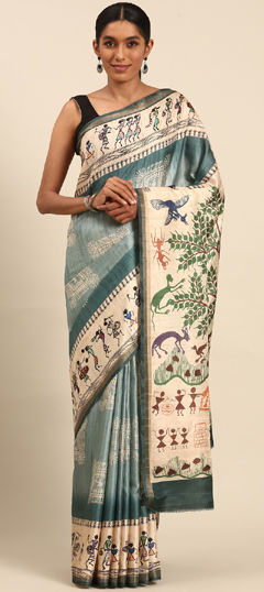 Beige and Brown, Blue color Saree in Cotton fabric with Printed work