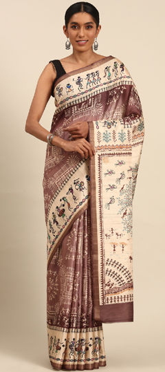 Beige and Brown color Saree in Cotton fabric with Printed work