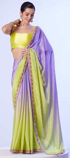 Green, Purple and Violet color Saree in Art Silk fabric with Lace work