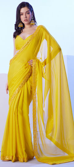 Yellow color Saree in Chiffon fabric with Lace work