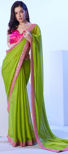 Green color Saree in Chiffon fabric with Lace work